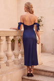 Vestido de Convidado de Noiva Midi de Cetim em Cetim Ombro Azul-Marinho