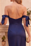 Vestido de Convidado de Noiva Midi de Cetim em Cetim Ombro Azul-Marinho
