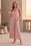 Vestido de Convidado de Noiva Dusty Rose, Decote em V, Linha em A, com Bolsos