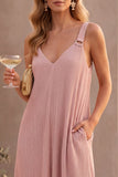 Vestido de Convidado de Noiva Dusty Rose, Decote em V, Linha em A, com Bolsos