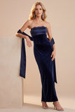 Vestido de Convidado de Noiva Maxi Sem Alças em Espartilho Azul-Marinho com Renda