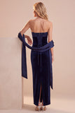 Vestido de Convidado de Noiva Maxi Sem Alças em Espartilho Azul-Marinho com Renda