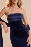Vestido de Convidado de Noiva Maxi Sem Alças em Espartilho Azul-Marinho com Renda