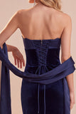 Vestido de Convidado de Noiva Maxi Sem Alças em Espartilho Azul-Marinho com Renda
