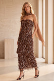 Vestido de Casamento Midi Sem Alças com Lantejoulas de Café com Faixa de Chiffon