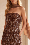 Vestido de Casamento Midi Sem Alças com Lantejoulas de Café com Faixa de Chiffon