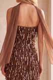 Vestido de Casamento Midi Sem Alças com Lantejoulas de Café com Faixa de Chiffon
