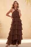 Vestido de Convidado de Noiva Longo em Chiffon Alto e Baixo com Camisola de Café com Bordas