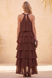 Vestido de Convidado de Noiva Longo em Chiffon Alto e Baixo com Camisola de Café com Bordas