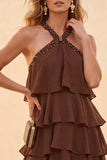 Vestido de Convidado de Noiva Longo em Chiffon Alto e Baixo com Camisola de Café com Bordas