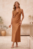Vestido Maxi de Convidados de Noiva Maxi de Casamento com gola de capuz laranja queimado e renda