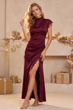 Vestido de Convidado de Casamento Vestido de Casamento Com Capa Alta, Decote Alto e Funda Borgonha, Longo Vestido de Casamento