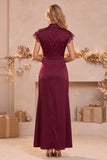 Vestido de Convidado de Casamento Vestido de Casamento Com Capa Alta, Decote Alto e Funda Borgonha, Longo Vestido de Casamento