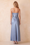Vestido de convidado de casamento longo de alças finas de cetim azul poeirento com renda