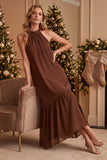 Vestido de Convidado de Noiva Longo em Chiffon Com Folhos de Café Halter e Missangas