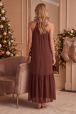Vestido de Convidado de Noiva Longo em Chiffon Com Folhos de Café Halter e Missangas