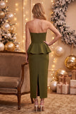 Vestido de Convidado Midi Peplum em Bainha de Azeitona Vestido Midi de Casamento com Fenda