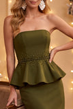 Vestido de Convidado Midi Peplum em Bainha de Azeitona Vestido Midi de Casamento com Fenda