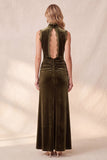 Vestido Maxi de Casamento de Veludo Franzido com decote alto e decote oliva e renda
