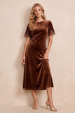 Vestido Midi de mangas curtas em veludo de veludo redondo, decote redondo, renda