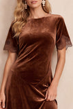 Vestido Midi de mangas curtas em veludo de veludo redondo, decote redondo, renda