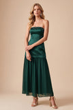Vestido de Convidado de Noiva Midi Midi de Cetim Verde Escuro de Cintura Caída com Bordas