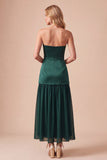 Vestido de Convidado de Noiva Midi Midi de Cetim Verde Escuro de Cintura Caída com Bordas