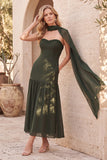Vestido de Convidado de Casamento Midi plissado em chiffon sem alças Fit & Flare com capa