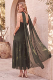 Vestido de Convidado de Casamento Midi plissado em chiffon sem alças Fit & Flare com capa