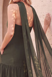 Vestido de Convidado de Casamento Midi plissado em chiffon sem alças Fit & Flare com capa