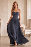Vestido de convidado de casamento pregueado, plissado e sem alças, em chiffon cinzento-azul, com renda
