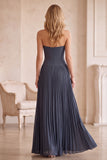 Vestido de convidado de casamento pregueado, plissado e sem alças, em chiffon cinzento-azul, com renda