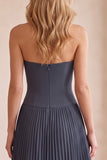 Vestido de convidado de casamento pregueado, plissado e sem alças, em chiffon cinzento-azul, com renda