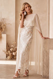 Vestido de convidado de casamento Maxi com gola bata e gola bata em forma de marfim com capa de chiffon