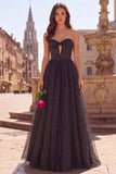 Vestido de finalista preto, Espartilho de Tule com buraco de fechadura, Espartilho de Finalistas Longo Sem Alças com Laço