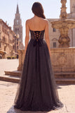Vestido de finalista preto, Espartilho de Tule com buraco de fechadura, Espartilho de Finalistas Longo Sem Alças com Laço