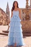 Vestido de Baile Longo de Finalistas Azul Azul Claro A-Line A-Line com Pérolas com Folhos e Strasss Sem Alças