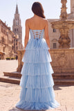 Vestido de Baile Longo de Finalistas Azul Azul Claro A-Line A-Line com Pérolas com Folhos e Strasss Sem Alças