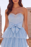 Vestido de Baile Longo de Finalistas Azul Azul Claro A-Line A-Line com Pérolas com Folhos e Strasss Sem Alças