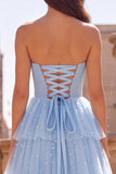 Vestido de Baile Longo de Finalistas Azul Azul Claro A-Line A-Line com Pérolas com Folhos e Strasss Sem Alças