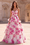 Vestido de baile de finalista Fúcsia A-Line Strapless Strapless, com folhos e fãs, com estampado floral e laço