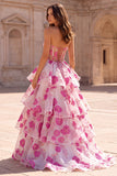 Vestido de baile de finalista Fúcsia A-Line Strapless Strapless, com folhos e fãs, com estampado floral e laço
