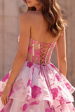 Vestido de baile de finalista Fúcsia A-Line Strapless Strapless, com folhos e fãs, com estampado floral e laço