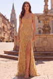 Espartilho dourado ombro descoberto, lantejoulas, vestido longo de sereia com fenda