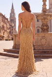 Espartilho dourado ombro descoberto, lantejoulas, vestido longo de sereia com fenda