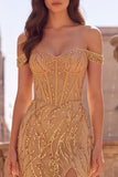 Espartilho dourado ombro descoberto, lantejoulas, vestido longo de sereia com fenda