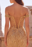 Espartilho dourado ombro descoberto, lantejoulas, vestido longo de sereia com fenda