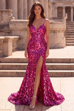 Vestido de baile de finalistas com alças finas com alças finas e sereia fúcsia brilhante