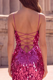 Vestido de baile de finalistas com alças finas com alças finas e sereia fúcsia brilhante