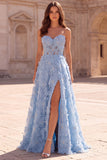 Vestido de baile de finalistas Longo de folhas de finalistas azul claro A-Line A-Line Pérolas Sem Alças, Vestido de Baile Longo com Fenda